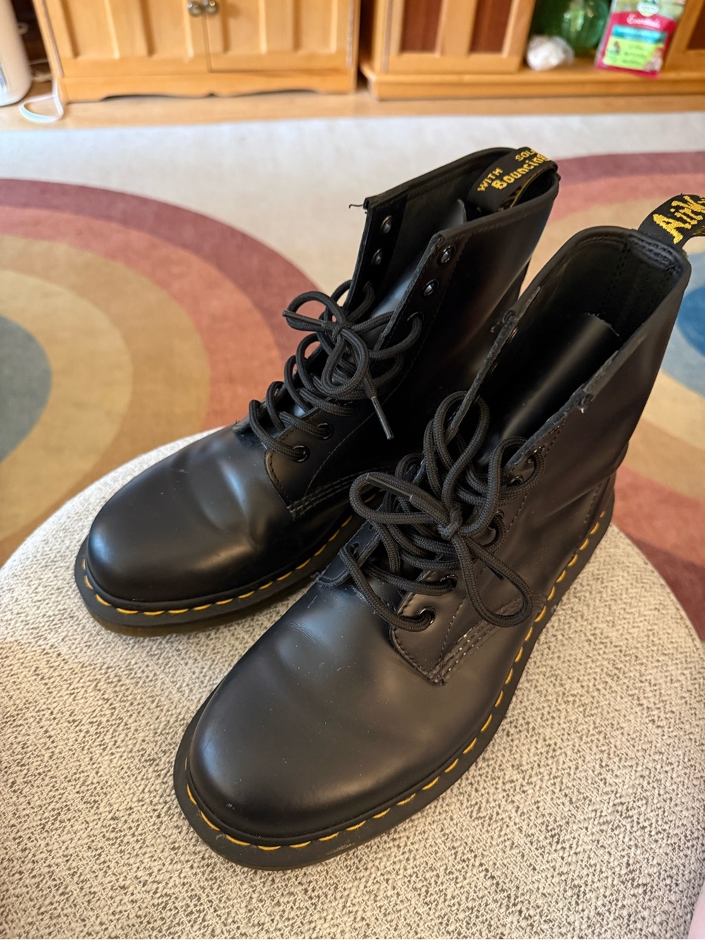 Dr. Martens Black Leather Lace-Up Boots with Yellow Stitching